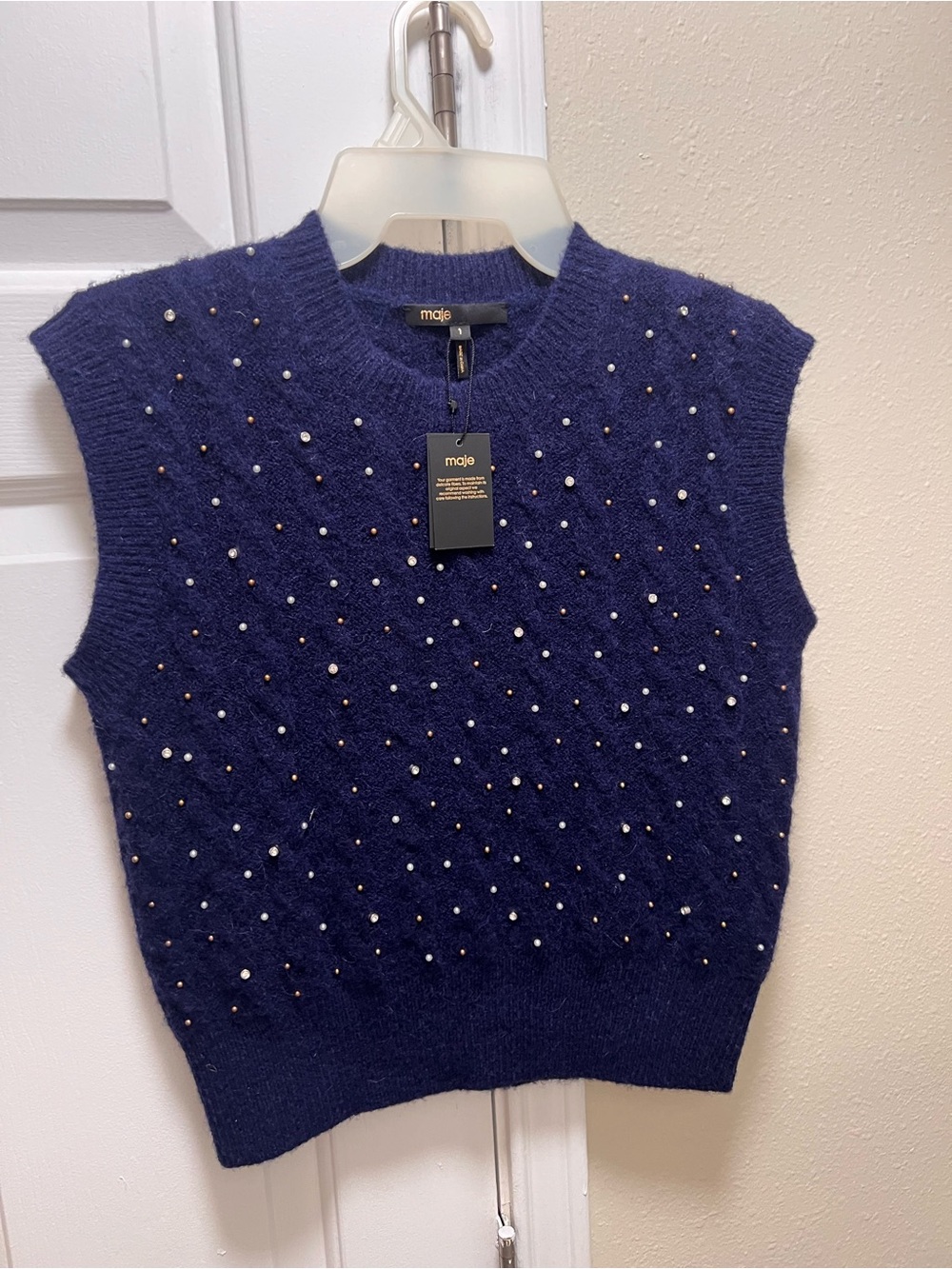 Maje Navy Pearl & Metallic Bead Sleeveless Sweater Vest NWT